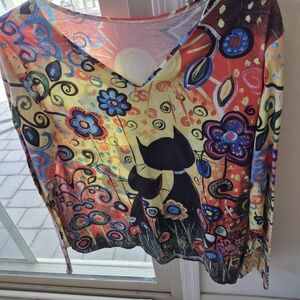 Colorful Cat Print V-Neck Top